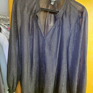 Simply Vera Vera Wang Black Sheer Metallic-Striped Button Front Blouse